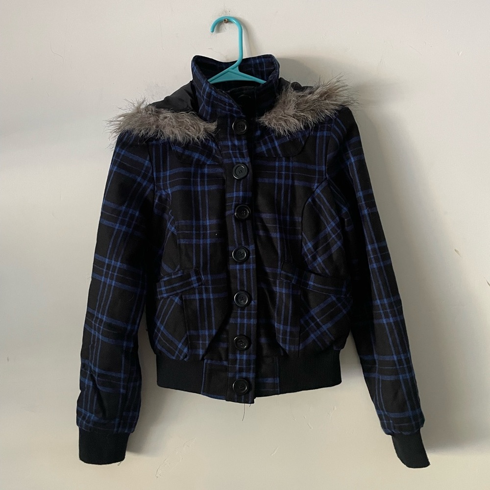 Rare Y2k Faux Fur Trim Blues Black and Blue Plaid Jacket